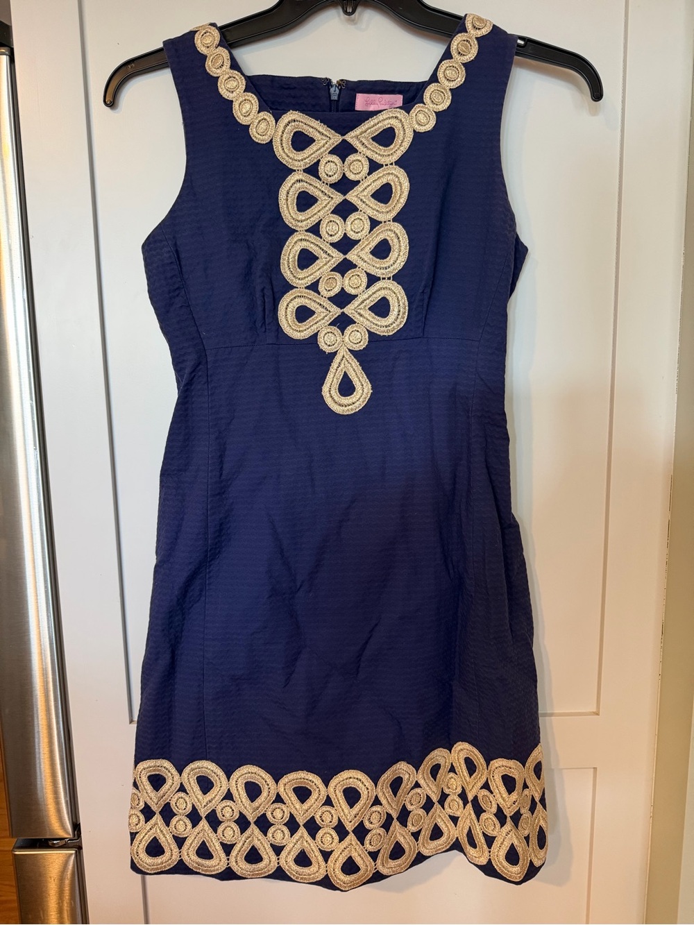 Lilly Pulitzer Adelson Dress Navy Gold Embroidered Accents Sz 4 A Line Sheath
